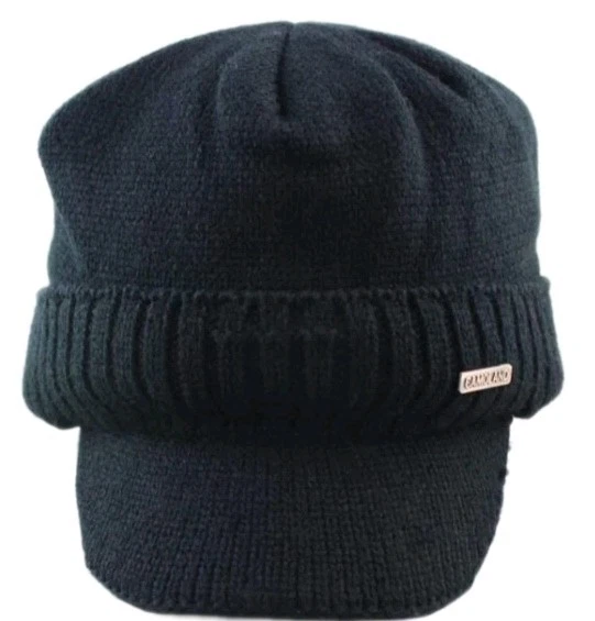 Camoland Wool Blend Winter Beanie Mens OS 2" Visor & Ear Flaps Black Fur Lining