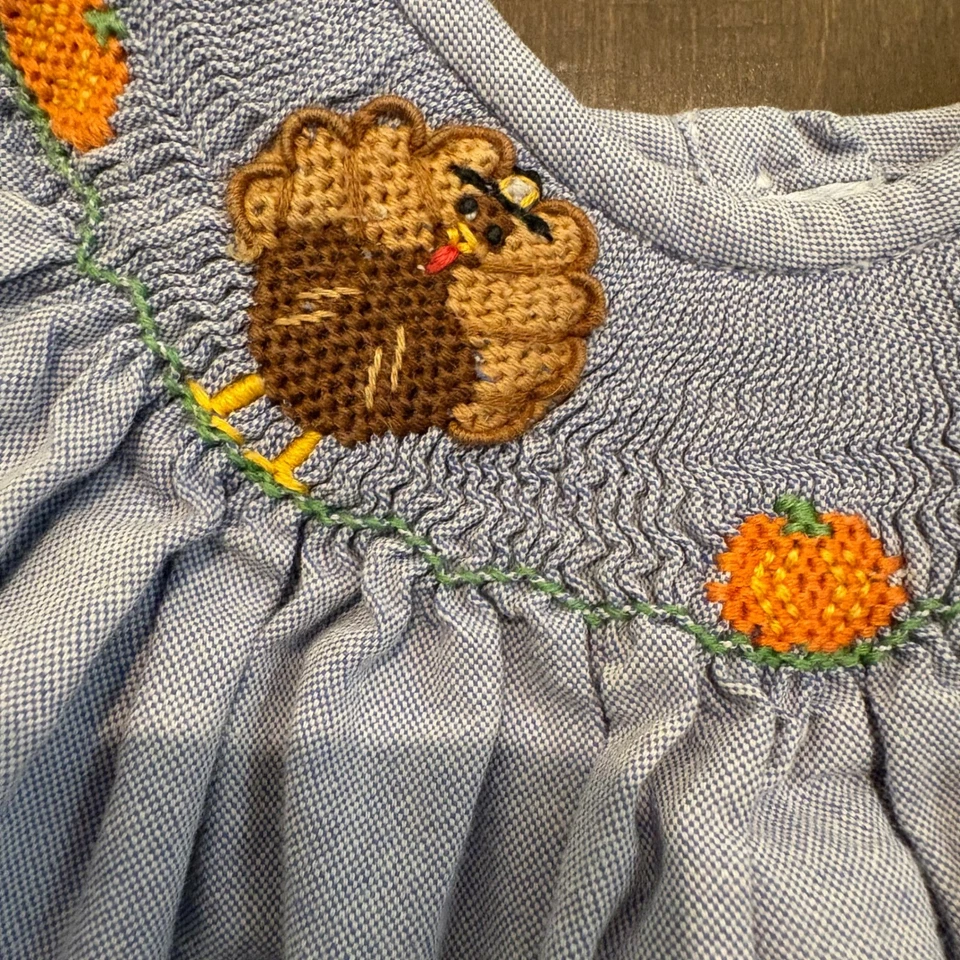 Vive La Fête Smocked Thanksgiving Dress Turkeys Pumpkins 6 Months Cotton - Image 2 of 4