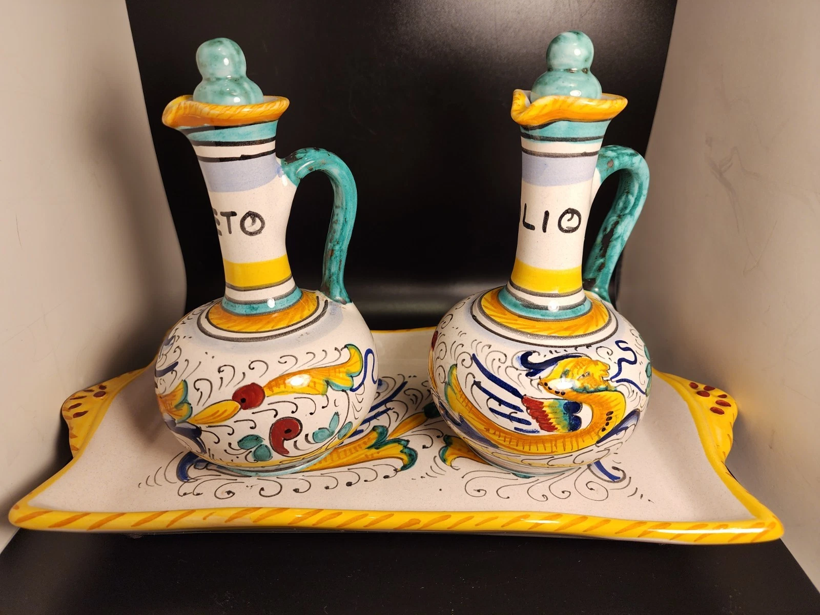 Deruta Raffaellesco Oil and Vinegar Cruets with Tray Hand Painted In Italy