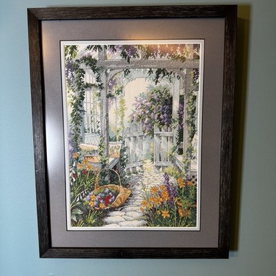 Sunset Garden Gate Cross Stitch Completed, Matted, and Prof Framed 14''x17.5''