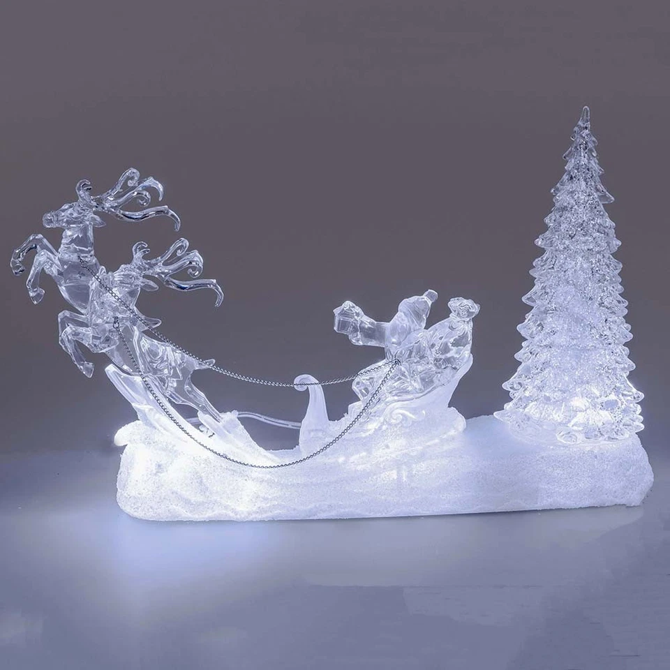 Rentier + Santa 34 cm Schlitten Acryl Licht+Wasser formano 506832 Weihnachtsdeko