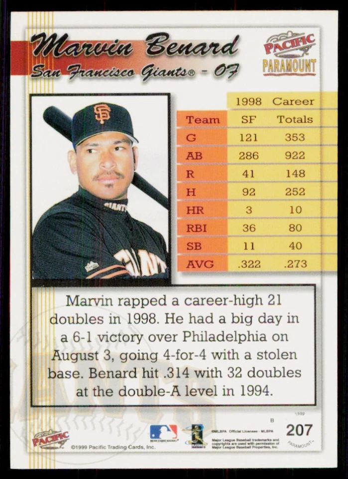 1999 Pacific Paramount #207 Marvin Benard San Francisco Giants Baseball Card - Image 2 of 2