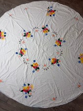 VTG Round White Tablecloth Colorful Floral Embroidery And Lace Cutouts 79 Stain