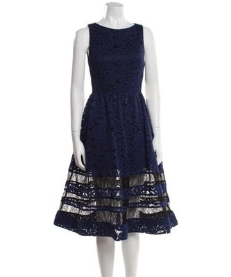 alice and olivia navy lace dress Alice and Olivia Odelia Tea Length Lace Dress A-line Navy Blue Size 4  Cocktail