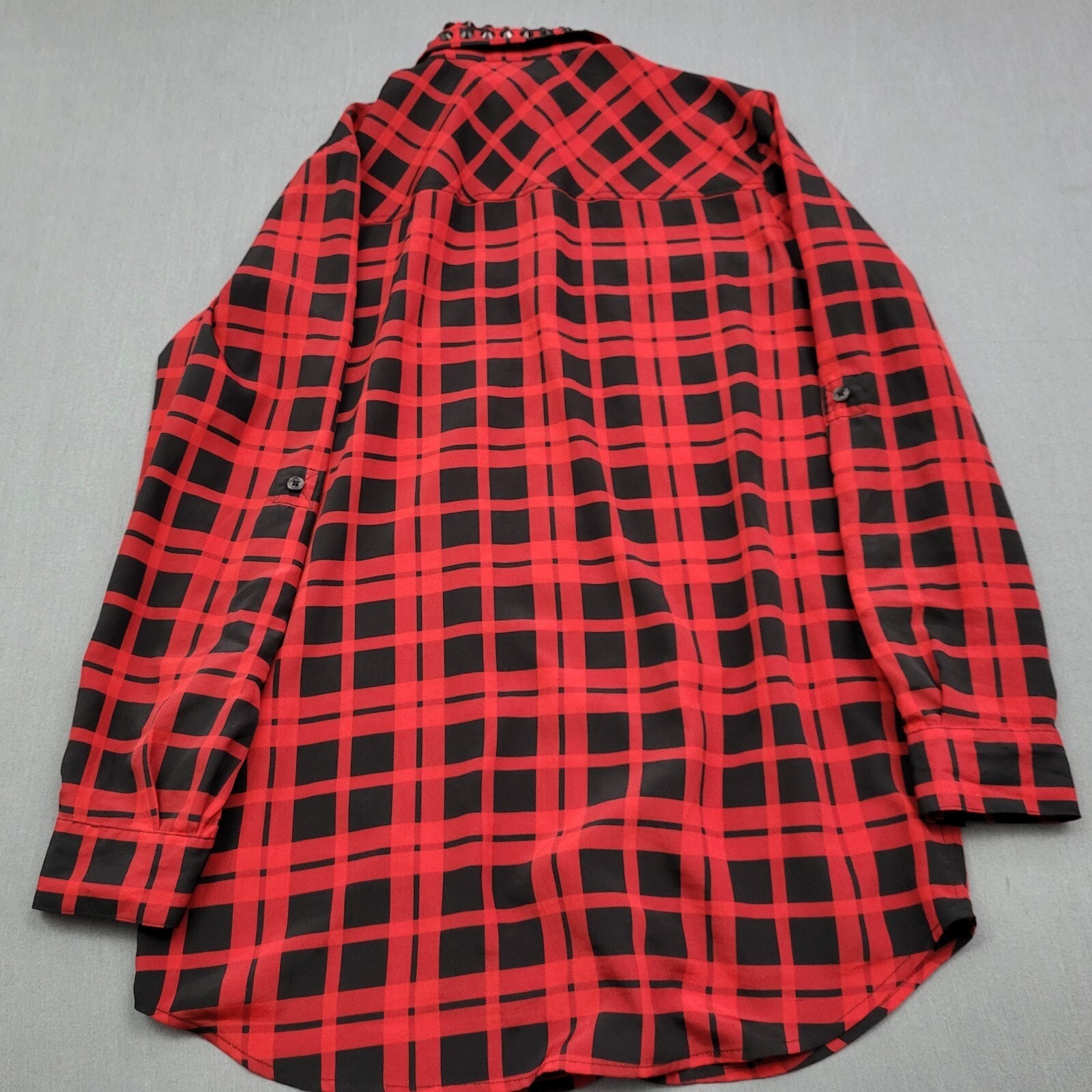 Michael Kors Blouse Womens Small S Long Roll Tab Beaded Tunic Button Plaid Red thumbnail 12