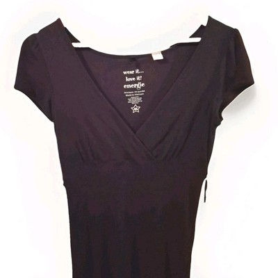 Vintage Energie Black Size M Wrap Top Stretch Knit Empire Waist Tie Cap Sleeve