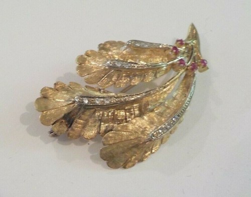 Vintage Italian 18 K Gold, Ruby & Diamond LEAF Brooch, 10.2 Grams - Picture 5 of 10