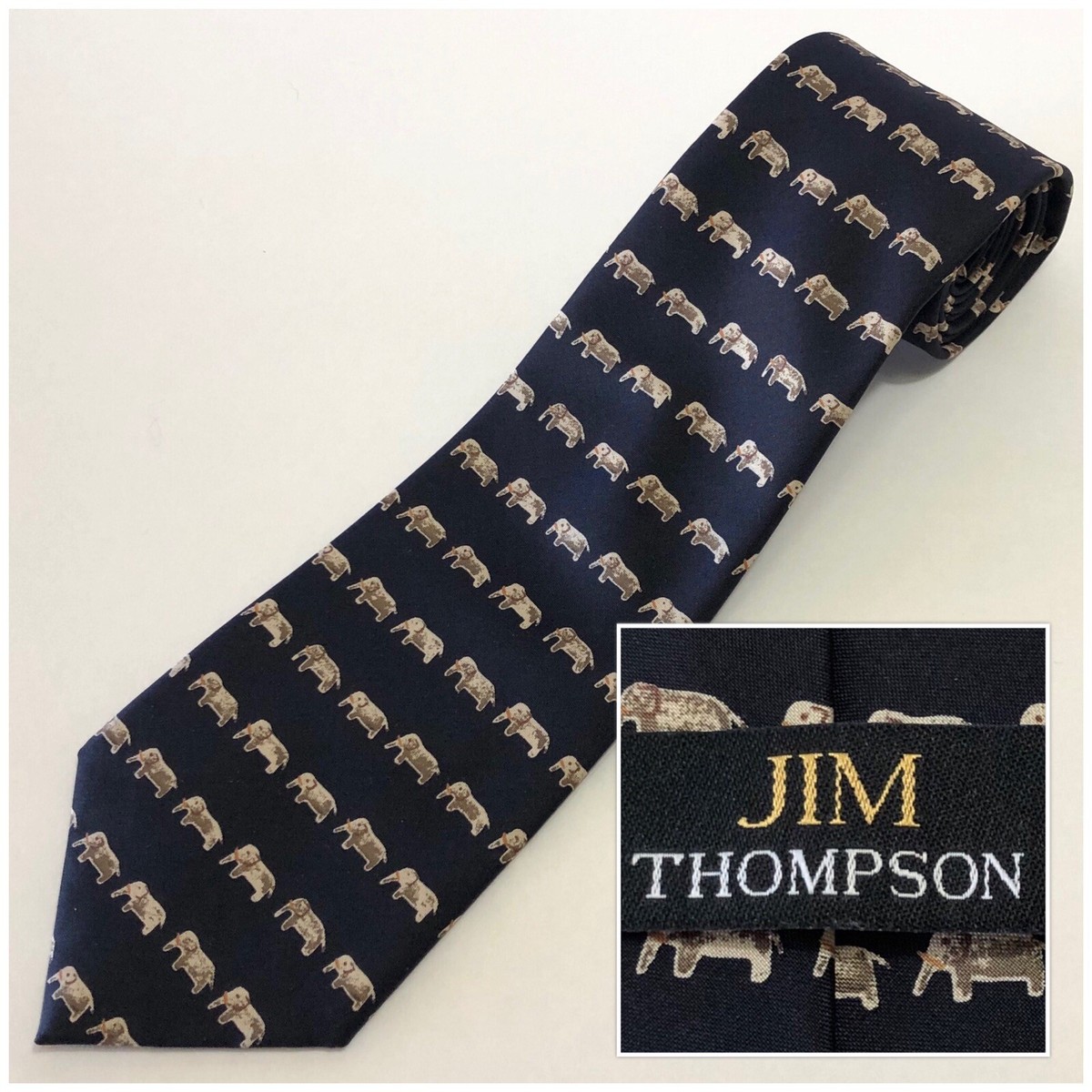 JIM THOMPSON Men's 100% Silk, Dark Blue w/Elephants Neck Tie
