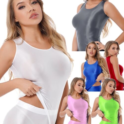 Women's Sleeveless Tank Tops Glossy Smooth Short T-Shirt Slim Fit Stretchy Tee - Picture 1 of 87