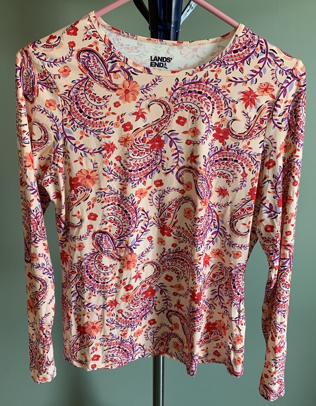 Lands End Womens Pink Floral Long Sleeve Pullover Top