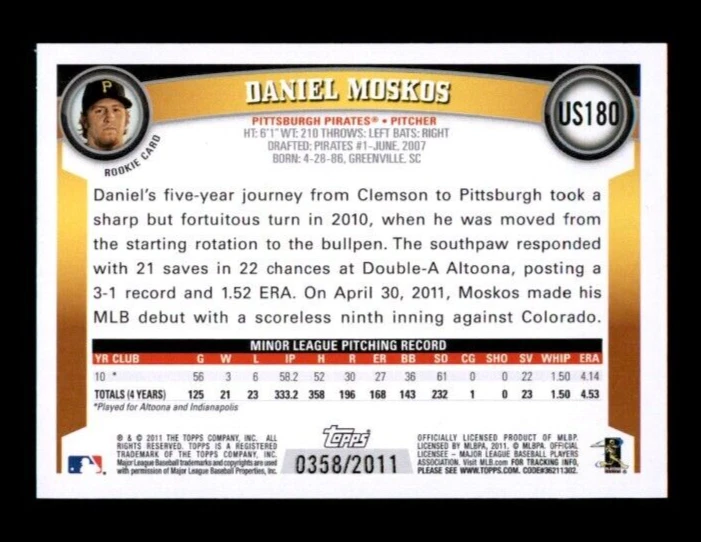 2011 Topps Update Gold #US180 Daniel Moskos RC 0358/2011 - Image 2 of 2