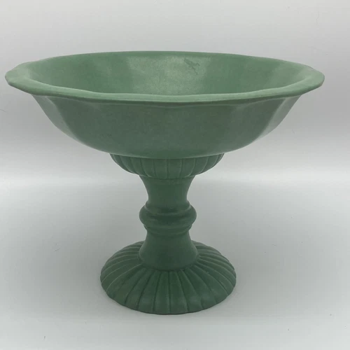 Vintage Red Wing Pottery Praire Green Ceramic Compote M5008 6” Tall 8” Wide