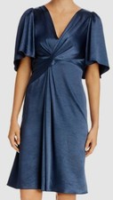 $985 Elie Tahari Women's Blue V-Neck Short-Sleeve Twist-Front Shift Dress Size 4