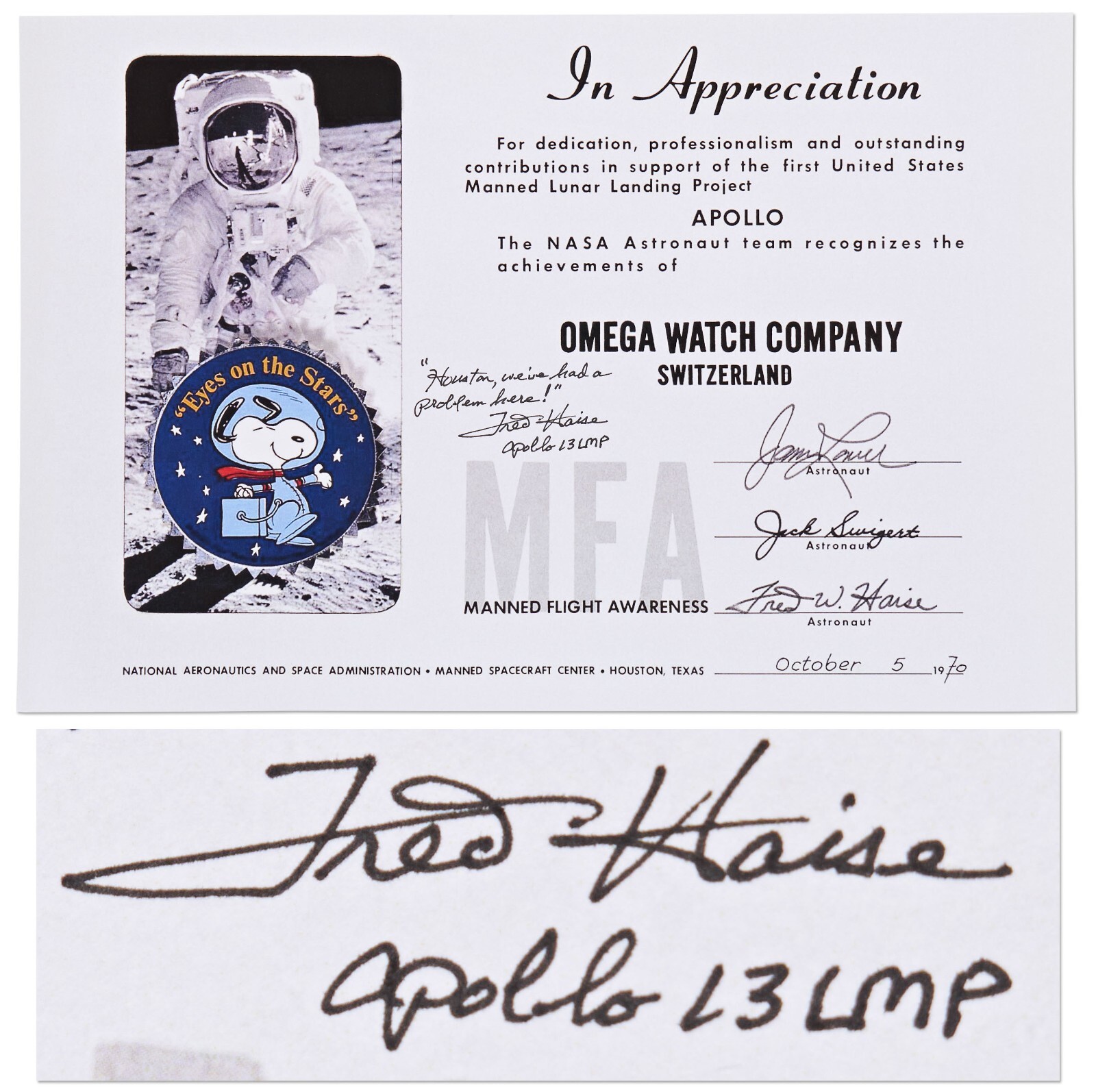 Fred Haise Signed Snoopy Award NASA Certificate Given to the Omega Watch Company
