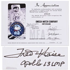 Fred Haise Signed Snoopy Award NASA Certificate Given to the Omega Watch Company