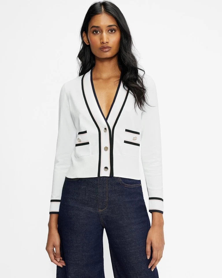 Suéter Top TED BAKER Blanco Azul Marino Rosa Cuello en V Novio Abotonado 4 TB = 12 US L Foto 3 de 4