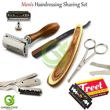 Men's Shaving Gift Set Safety Razor Wood Handle Straight Razor Mustache Scissors
