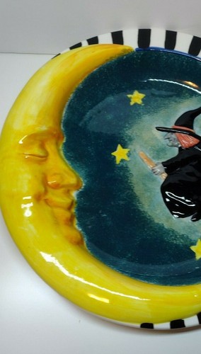 Halloween Flying Broomstick Witch Plate Platter Dish Moon Stars Striped 3D 13" - Picture 4 of 11