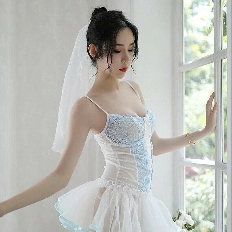 Lady Sheer Sexy Lingerie Ruffle Dress Lace Floral Bra Sweet Bridal  Nightwear