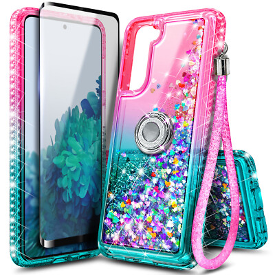 For Samsung Galaxy S21 FE 5G Case, Liquid Glitter Bling Cover w/ Tempered Glass