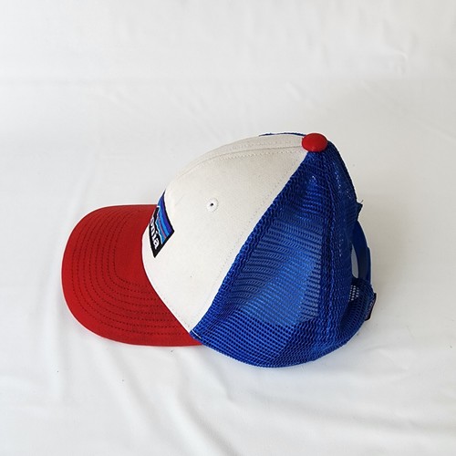 Patagonia Mesh SnapBack Trucker Hat P6 Logo Red White Blue Spellout Cap - Picture 2 of 5