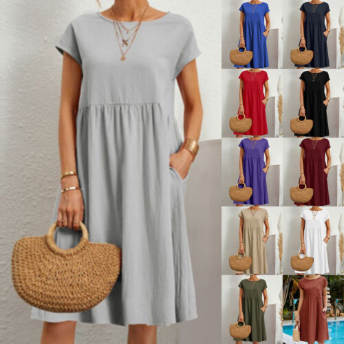 Women Cotton Linen T-Shirt Dress Short Sleeve Round Neck Pockets Casual Dresses