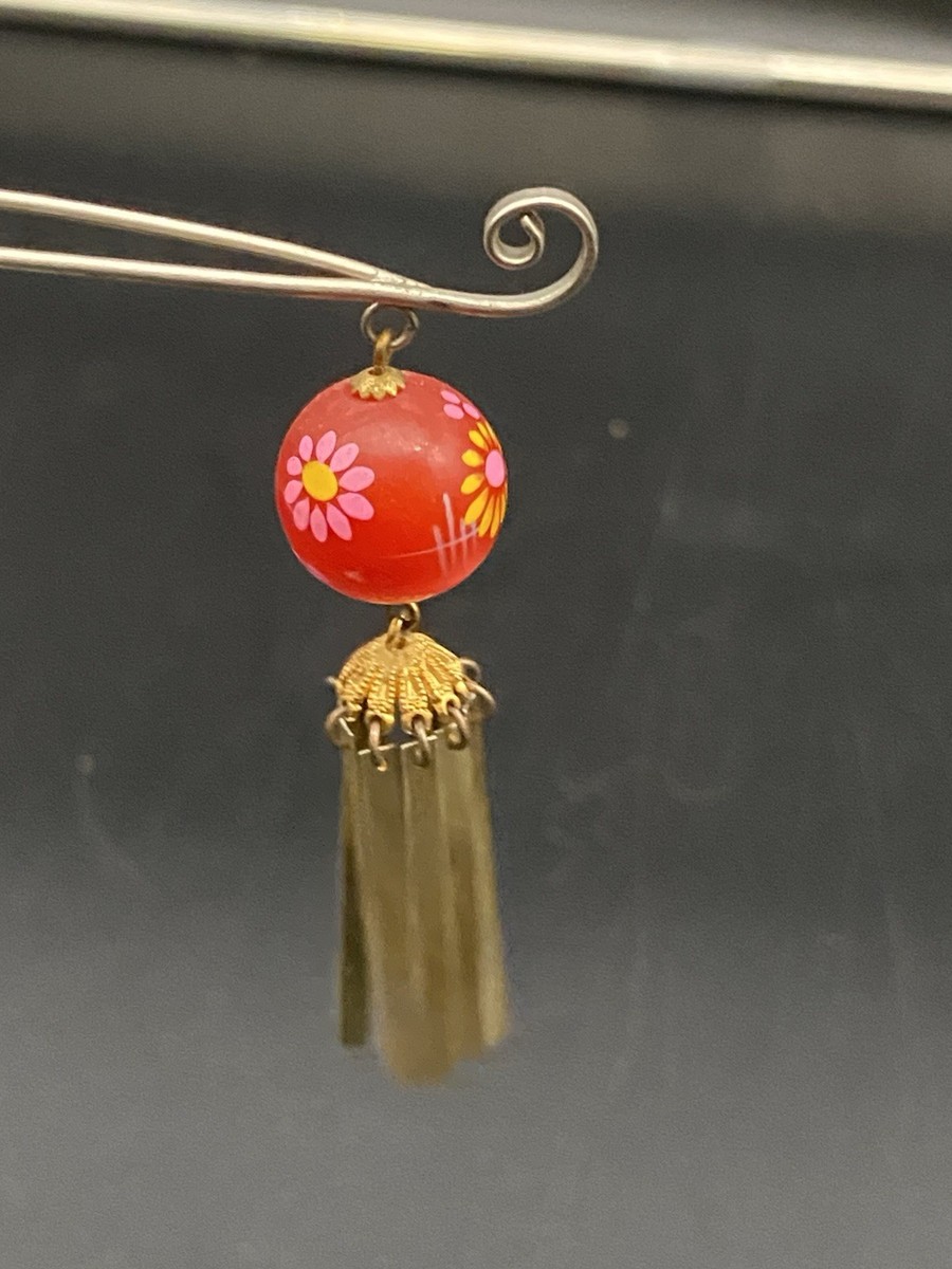 Set 2 Japanese Hair Pin ornament Kanzashi red ball fringe charm