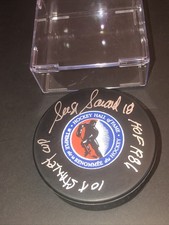 JSA SERGE SAVARD AUTOGRAPHED HALL OF FAME SIGNED PUCK 2 INSCRIPTIONS Holder 114