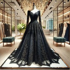 Gothic Wedding Dresses Black V-Neck Lace Applique Long Sleeve Victorian A-Line