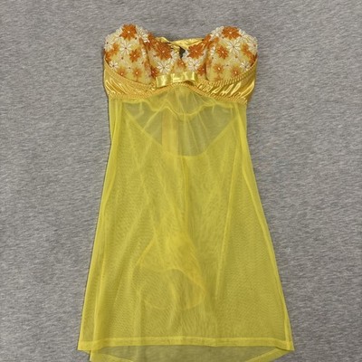 NWT Frederick s Of Hollywood Mesh Lace Babydoll Lingerie Strapless Yellow Floral