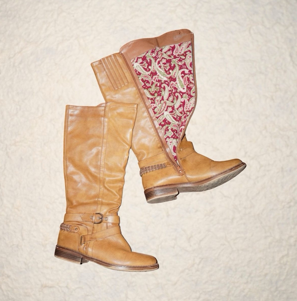 Women’s Brown Knee High Riding Boots with Paisley Lining US 8