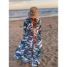 Walker & Wade XS Tropical Palm Leaf Button Down Maxi Shirt Dress Bali