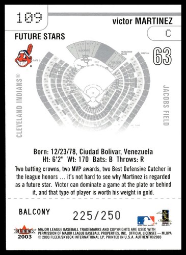 2003 Fleer Authentix #109 Victor Martinez /250 Balcony Cleveland Indians NM+ - Picture 2 of 2