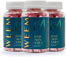 WEEM Hair Skin and Nails Gummies, Vegan biotin Vitamins, Healthy Hair (Pack 3)
