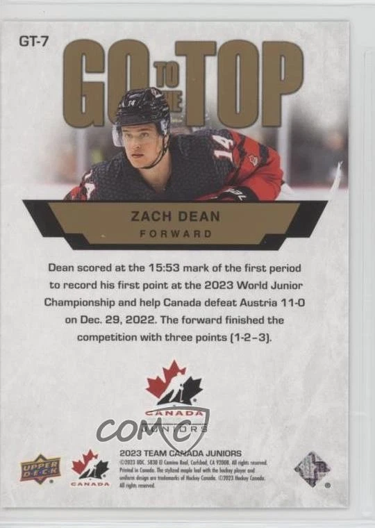 2023 Upper Deck Team Canada Juniors Go to the Top Zach Dean #GT-7 - Image 2 of 2
