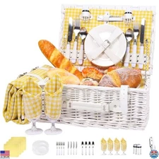 Neti Neti Large Willow Wicker Picnic Basket Set for 4 with Cooler & Blanket