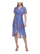 VINCE CAMUTO Womens Blue Tie Chiffon Hi-low Flutter Sleeve Midi Dress Petites 6P