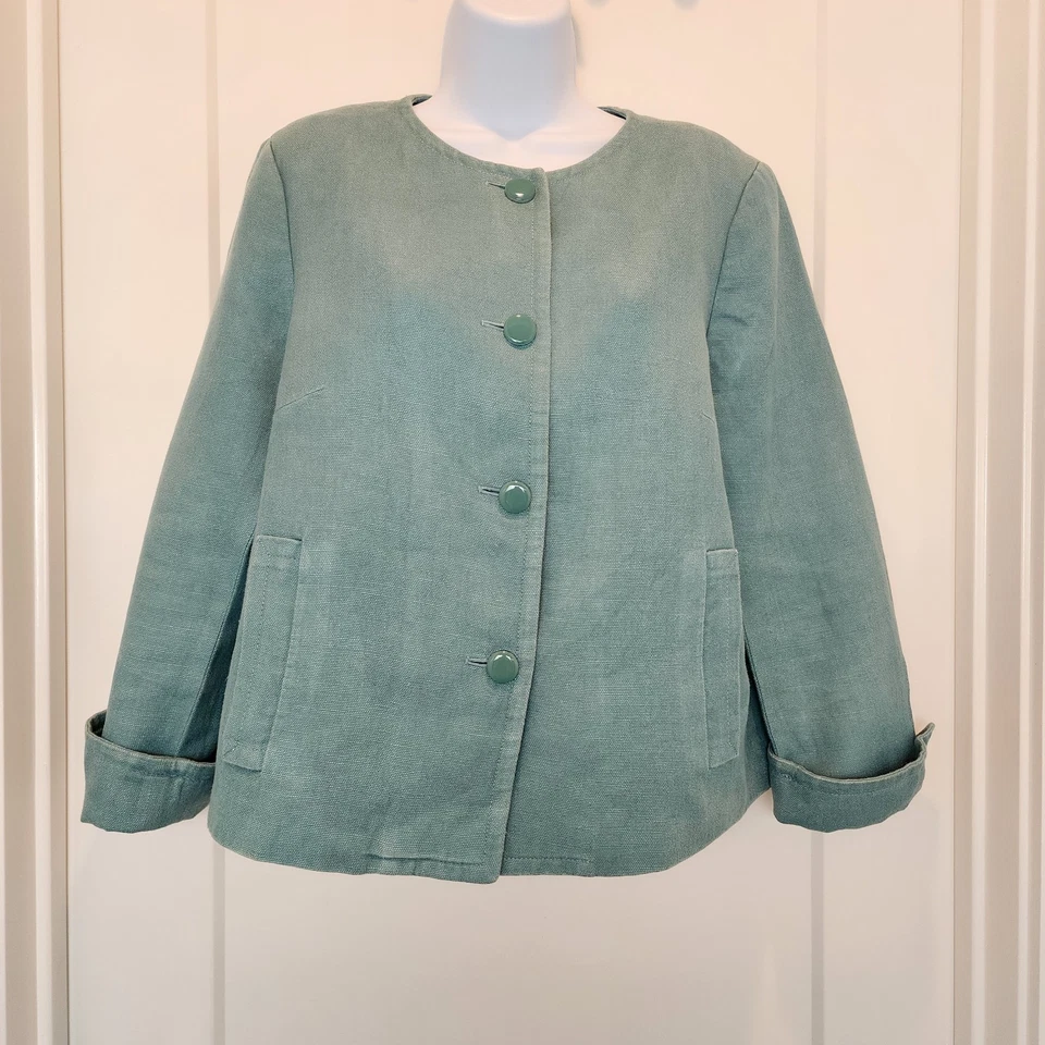 Talbots Women Linen Lady Jacket Size 12 Blue Green Button Coastal Quiet Luxury - Image 2 of 4