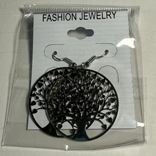 Silver Tone Tree of Life Dangle Earrings Round Cutout Boho Fashion Jewelry