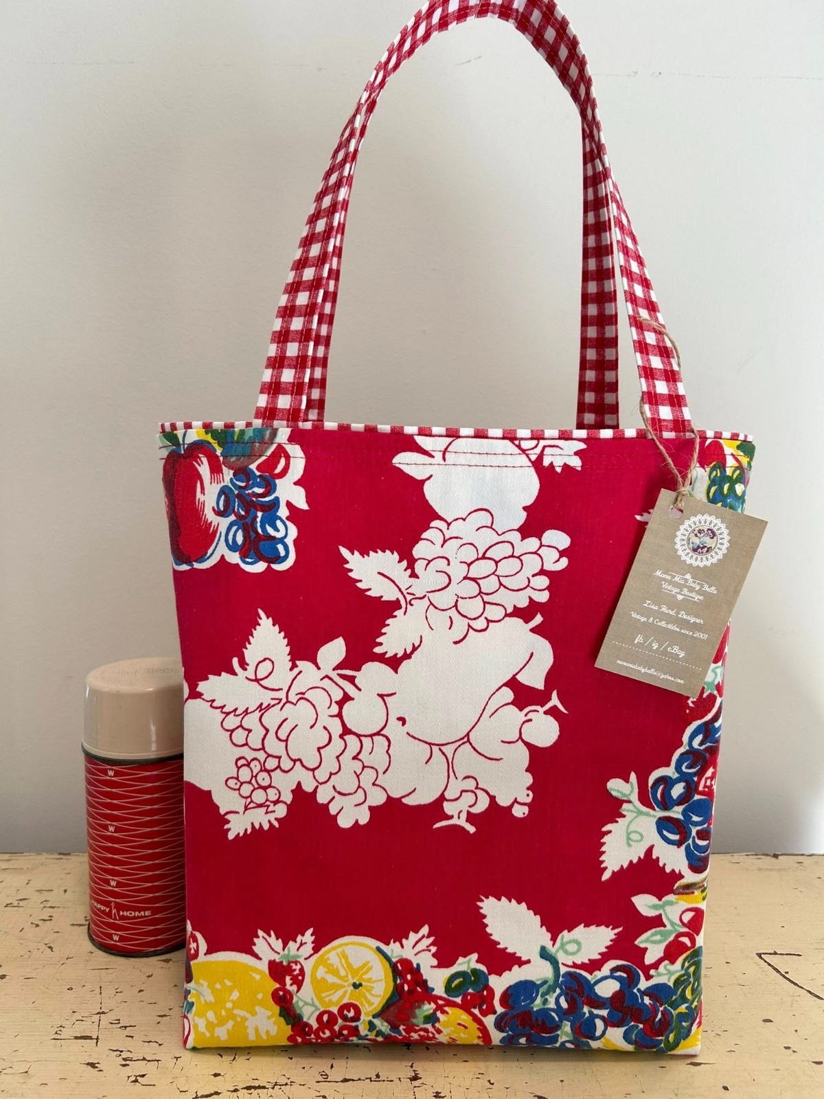 NEW Vintage Kitchen Fruit Red Gingham Tablecloth Tote Market Reusable Bag Gift 