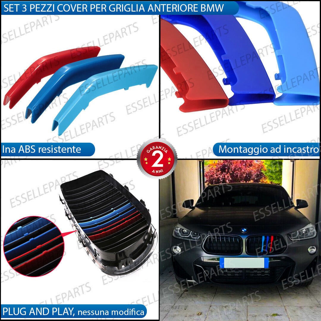 Inserti Decorativi Per Griglia BMW X1 F48/F49 2016-2019 - Kit 3 Pezzi Colori Blu-Rosso-Blu Per Frontale