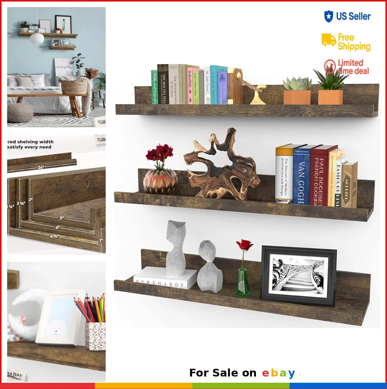 Floating Shelves Set of 3 24 Inch Wall Mounted Walnut Brown Display Shelves