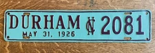 1926 DURHAM North Carolina City license plate Topper Tag - Repainted-Used #2081