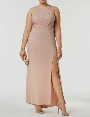 $235 Morgan & CO. Women Beige Gold Halter-Neck A-Line Sheath Gown Dress Plus 16W