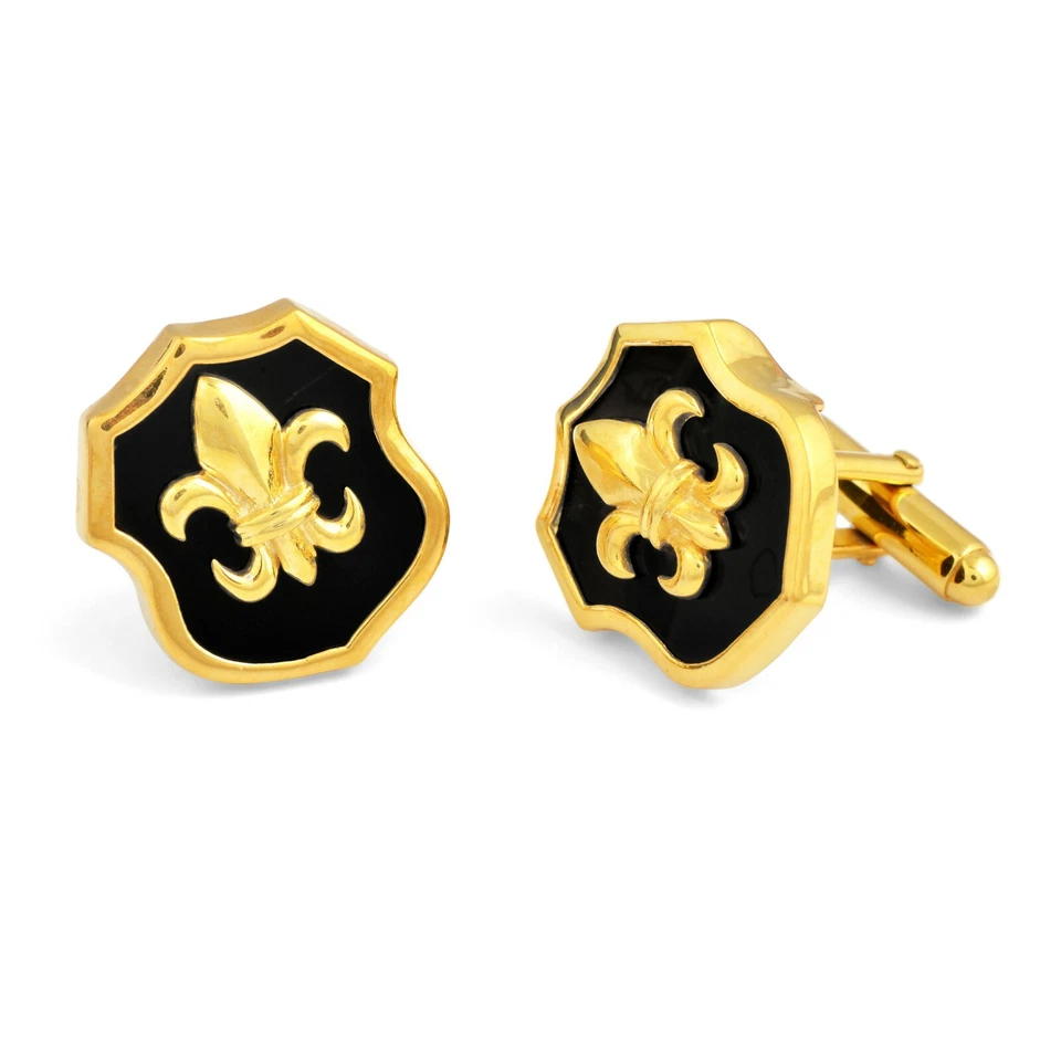 Black Onyx Fleur De Lis Men's Cufflinks in Gold Plated Silver Gifts for Dad - Image 3 of 3