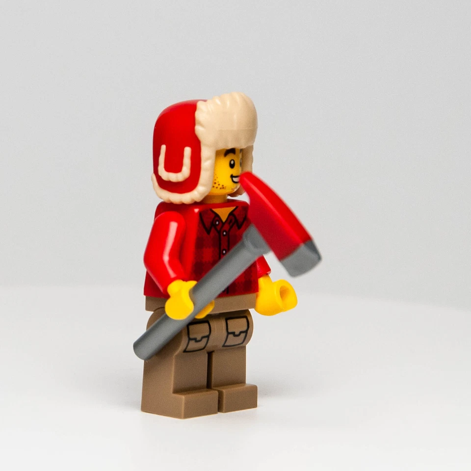 Lego Leñador Minifigura Escena - Camisa de Franela a Cuadros, Hacha, Troncos de Madera, Ushanka Foto 4 de 4