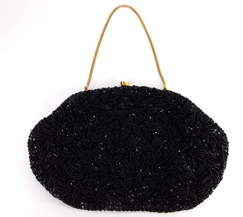 WALBORG BEADED & SEQUIN PURSE/HAND BAG W/KISS LOCK CLOSURE BLACK HONG KONG 1960s - 第 1/8 張圖片