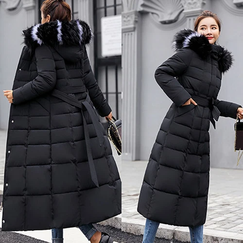 Damen Winter Warm Mantel Puffer Fellkragen Lang Stepp Parka Damen Kapuze Jacke - Bild 9 von 23