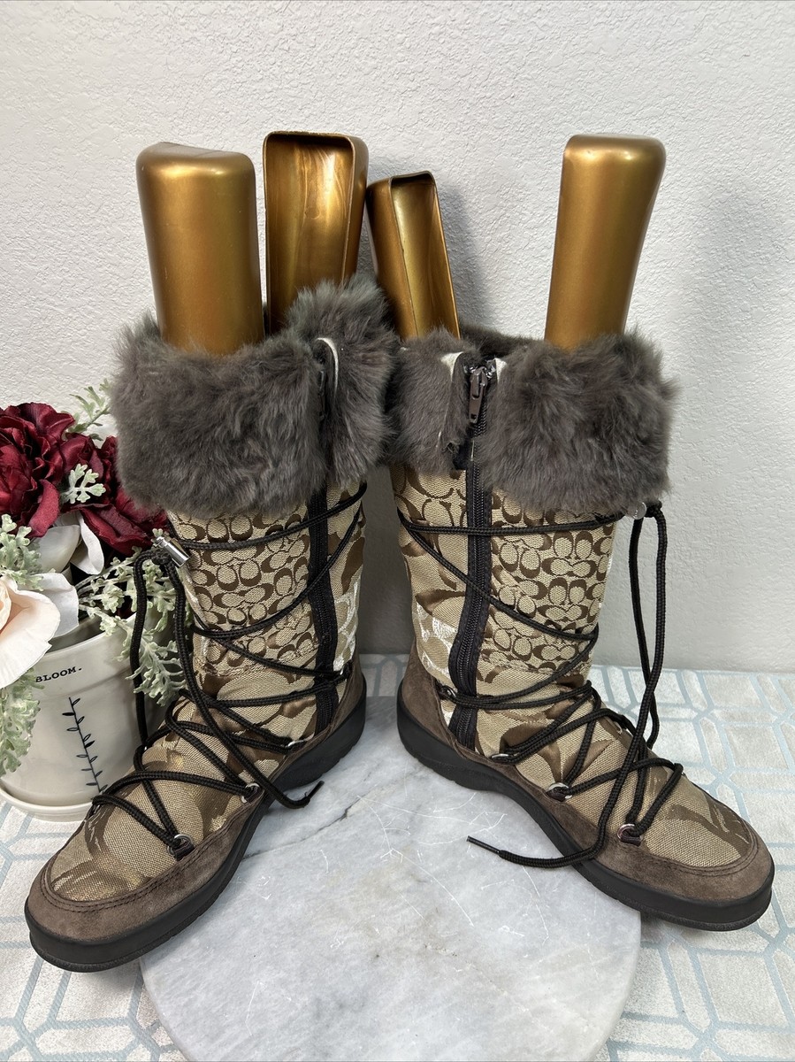 Coach LAURILYN Signature Logo Brown Leather Faux Fur Winter Boots