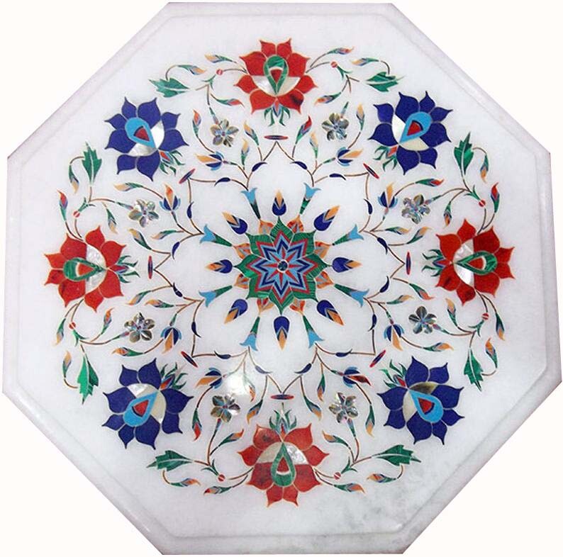 12-inch Marble Side Table with Pietra Dura Inlay for Home Decor